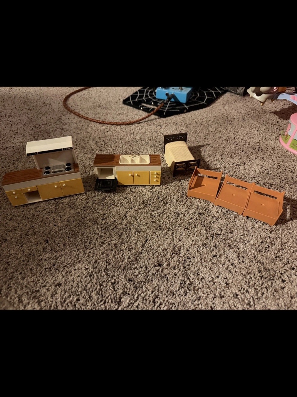 Tomy Vintage Dollhouse Kitchen Furniture Set - Yellow, Brown, Tan